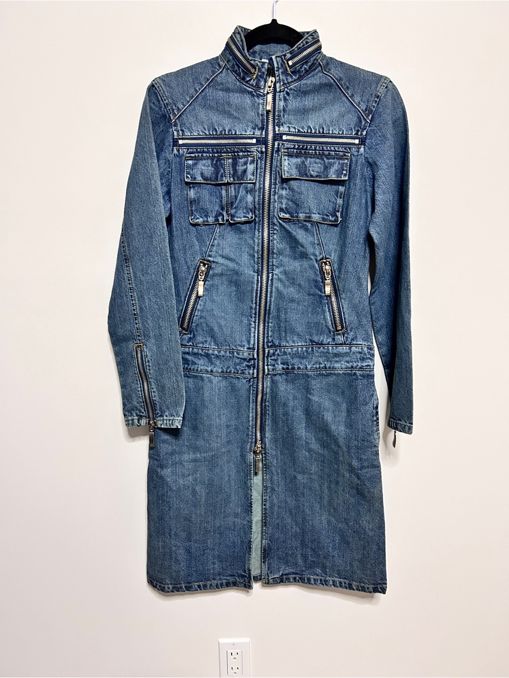 A|X Armani Exchange Denim Zip Front Utility Dress Women’s Small Y2K Moto Jean